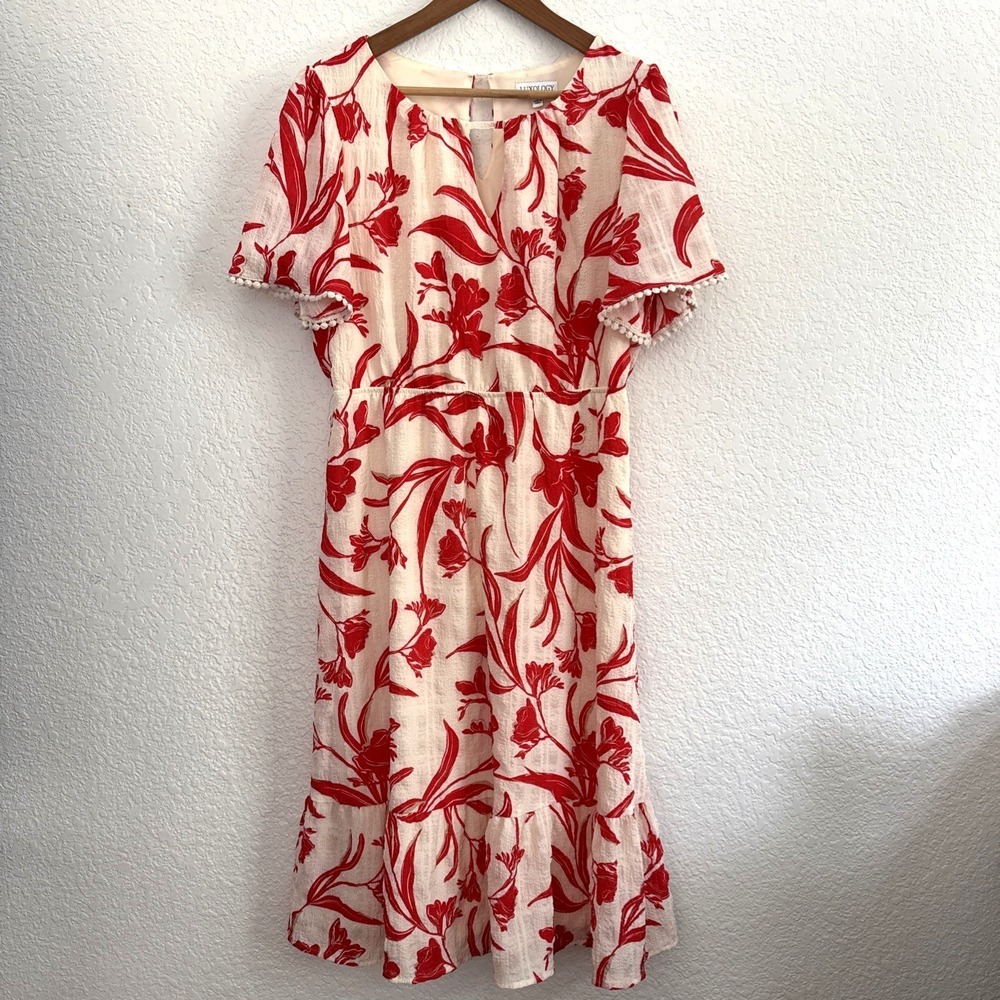 Luxology Women Red Floral Midi Dress Size L Short Sleeve Lined